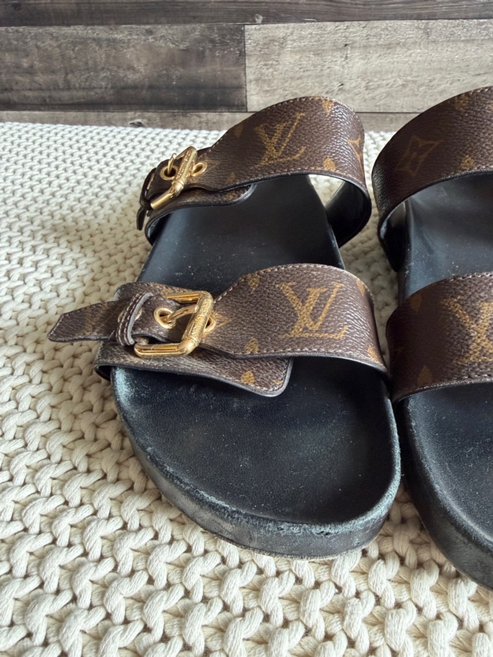 Louis Vuitton Bom Dia Brown Monogram Double-Strap Buckle Slide Sandals - Picture 4 of 7